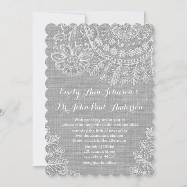 Rustic Grey Burlap Lace Wedding Invitations (Front)