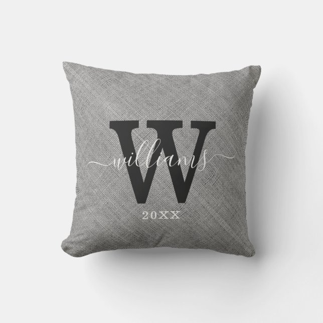 Rustic Grey Burlap Script Name Family Monogram   Cushion (Front)