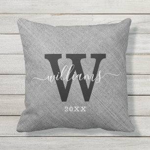Rustic Grey Burlap Script Name Family Monogram Cushion