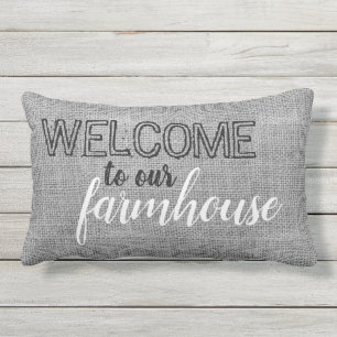 Rustic Grey Burlap Welcome To Our Farmhouse Lumbar Cushion