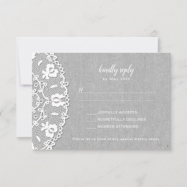 Rustic Grey Canvas + White Lace wedding RSVP Card (Front)