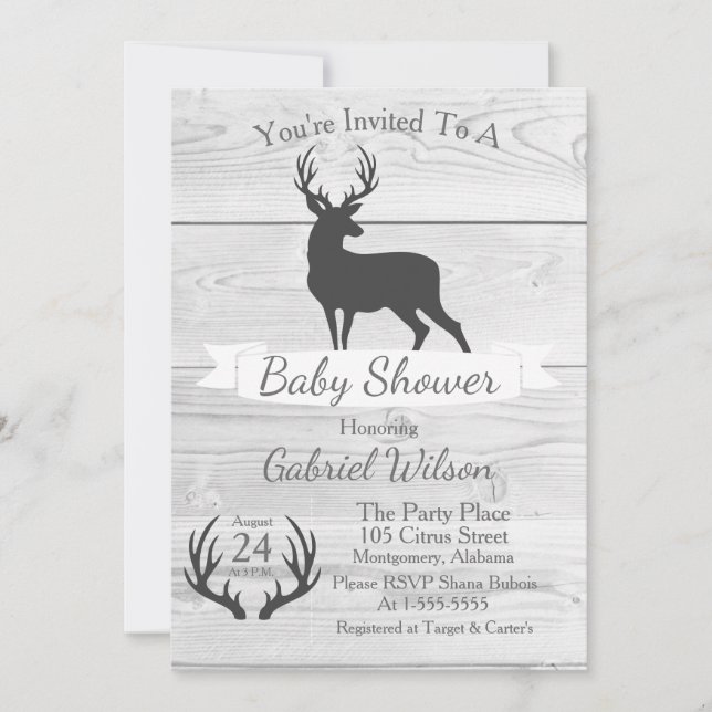 Rustic Grey Deer Silhouette & White Wood Invitation (Front)