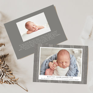 Rustic Grey Farmhouse Linen Stripes Photo Birth Announcement