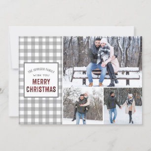 Rustic Grey Gingham Merry Christmas Holiday Card