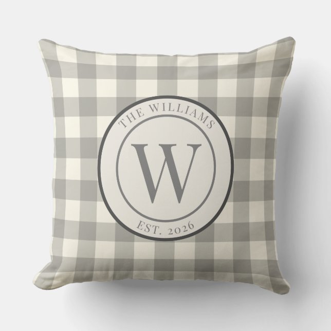 Rustic Grey Gingham Monogram Family Crest Cushion (Front)