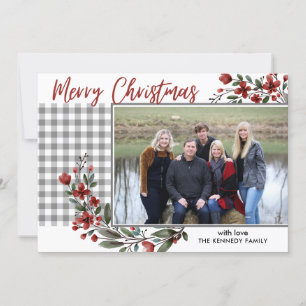Rustic Grey Gingham Plaid Merry Christmas Photo  Holiday Card