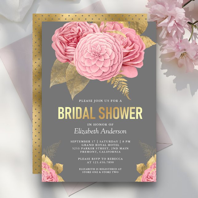 Rustic Grey Gold Dusty Pink Floral Bridal Shower Invitation (Creator Uploaded)