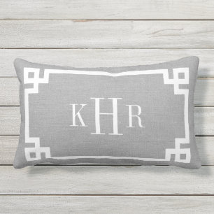 Rustic Grey Greek Key Border Custom Monogram Outdoor Cushion