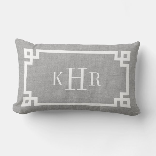 Rustic Grey Greek Key Border Custom Monogram Outdoor Cushion (Front)