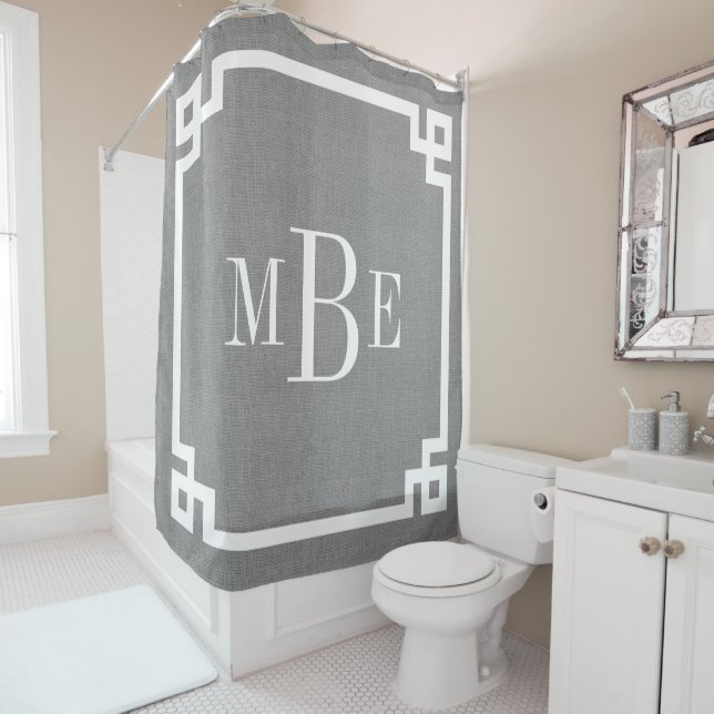 Rustic Grey Greek Key Border Monogram | Farmhouse Shower Curtain (In Situ)