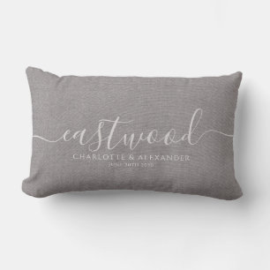 Rustic Grey Linen Effect White Script Name Lumbar Cushion