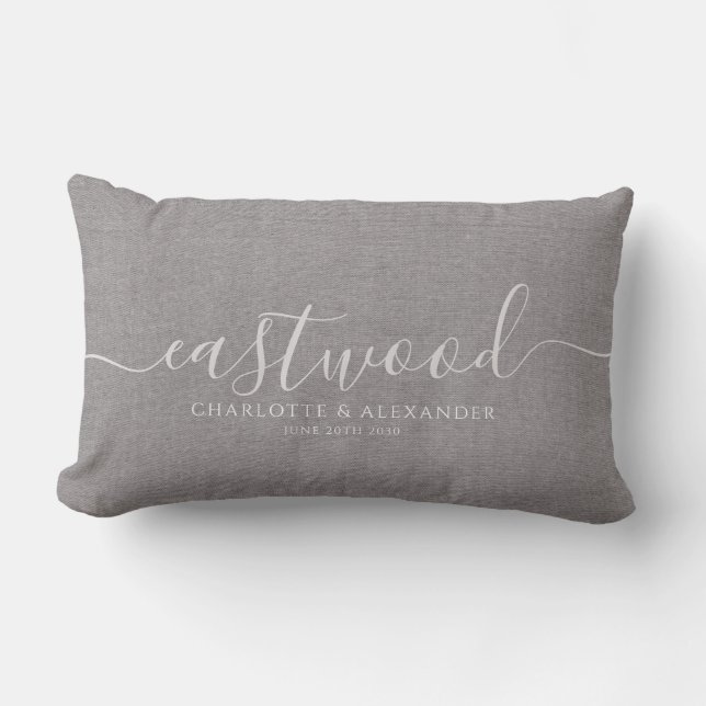 Rustic Grey Linen Effect White Script Name Lumbar Cushion (Front)