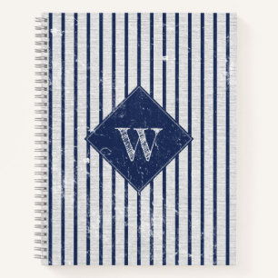 Rustic Grey Linen & Navy Blue Stripes Monogram  Notebook
