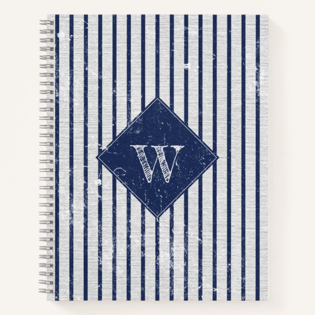 Rustic Grey Linen & Navy Blue Stripes Monogram  Notebook (Front)