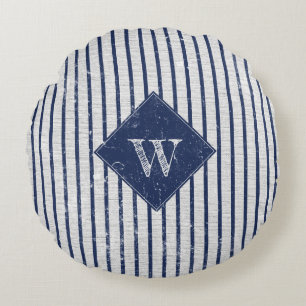 Rustic Grey Linen & Navy Blue Stripes Monogram Round Cushion
