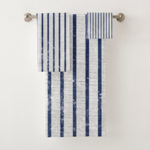 Rustic Grey Linen & Navy Blue Stripes Pattern   Bath Towel Set