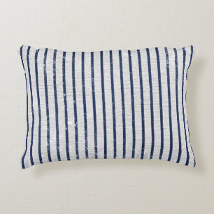 Rustic Grey Linen & Navy Blue Stripes Pattern Decorative Cushion