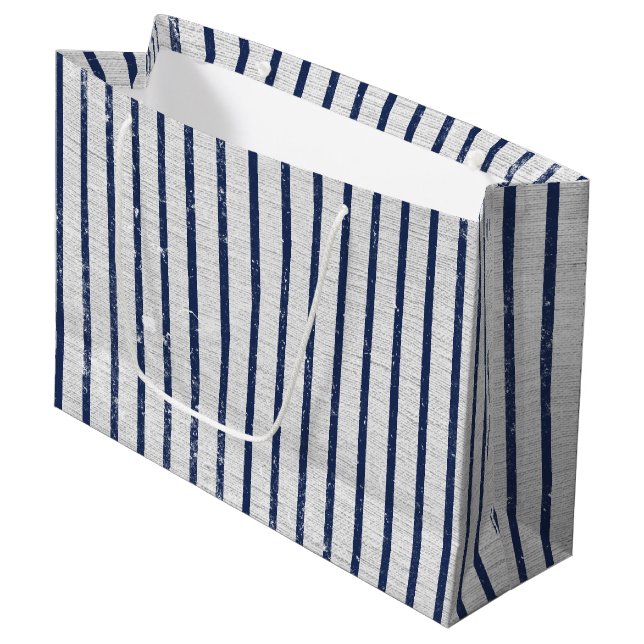 Rustic Grey Linen & Navy Blue Stripes Pattern Large Gift Bag (Front Angled)