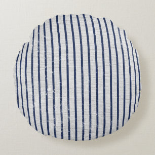 Rustic Grey Linen & Navy Blue Stripes Pattern Round Cushion