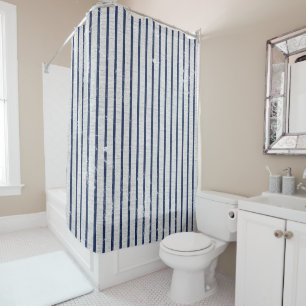 Rustic Grey Linen & Navy Blue Stripes Pattern  Shower Curtain