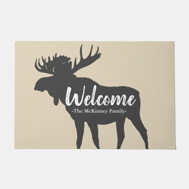 Rustic Grey Moose Silhouette & Family Name Welcome Doormat (Front)