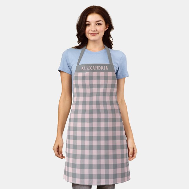 Rustic Grey Pink Buffalo Plaid Custom Apron (Worn)