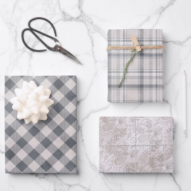 Rustic Grey Plaid and Three Matching Pattern Wrapping Paper Sheet (Front)