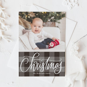 Rustic Grey Plaid Merry Christmas Photo Holiday Card