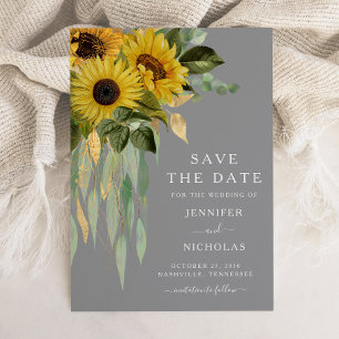 Rustic Grey Sunflowers Floral Save the  Date