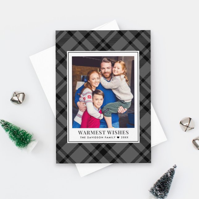 Rustic Grey Tartan Plaid Warmest Wishes Photo Holiday Card (Creator Uploaded)