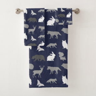 Rustic Grey Tones Woodland Creatures & Navy Blue Bath Towel Set