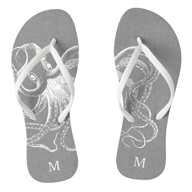 Rustic Grey Vintage Octopus Monogram Thongs (Footbed)