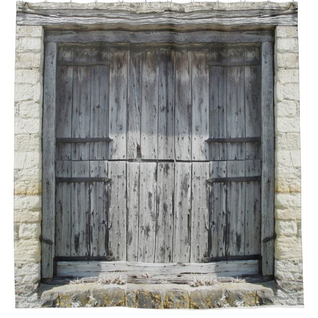Rustic Grey Weathered Wood Stone Barn Door Shower Curtain (Front)