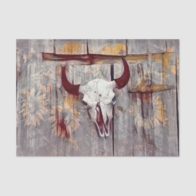 Rustic Grey Western Bull Skull Yellow Sunflowers Tissue Paper (Front)