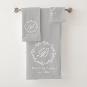 Rustic Grey Winter Wreath Family Name Monogram Bath Towel Set