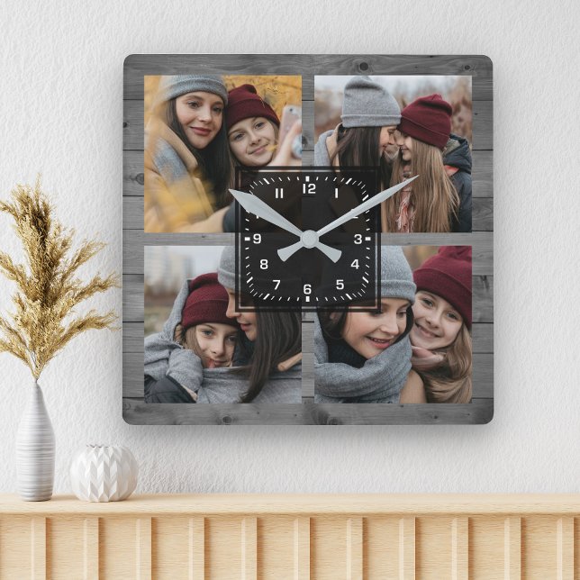Rustic Grey Wood 4 Pictures Family Photo Collage Square Wall Clock (Creator Uploaded)