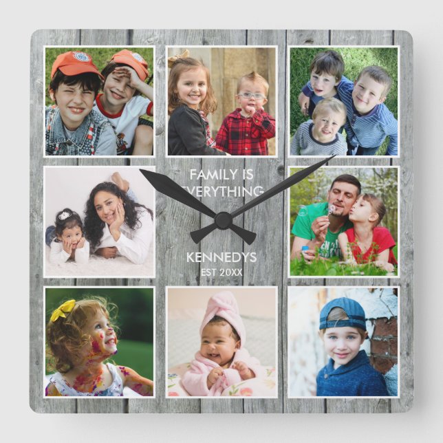 Rustic Grey Wood 8 Photo Collage Family Quote  Square Wall Clock (Front)
