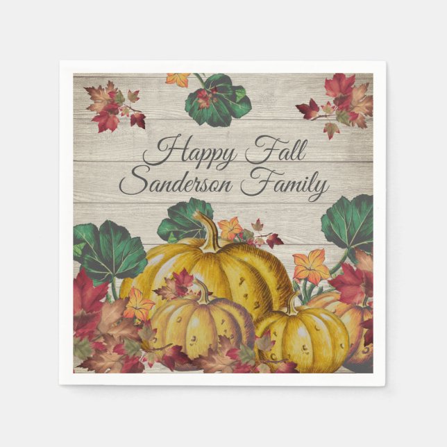 Rustic Grey Wood Autumn Orange Pumpkin Fall Leaves Napkin (Front)