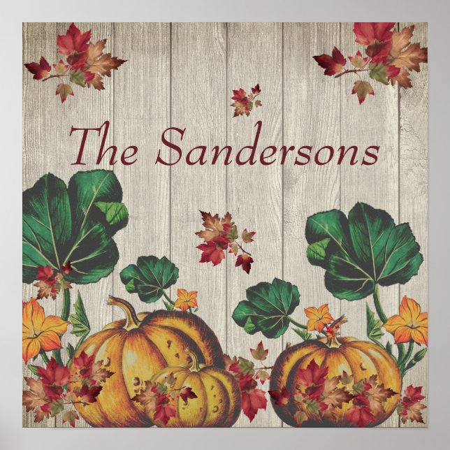 Rustic Grey Wood Autumn Orange Pumpkins Fall Leave Poster (Front)