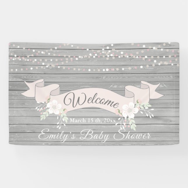 Rustic grey wood blush ribbon baby shower banner (Horizontal)