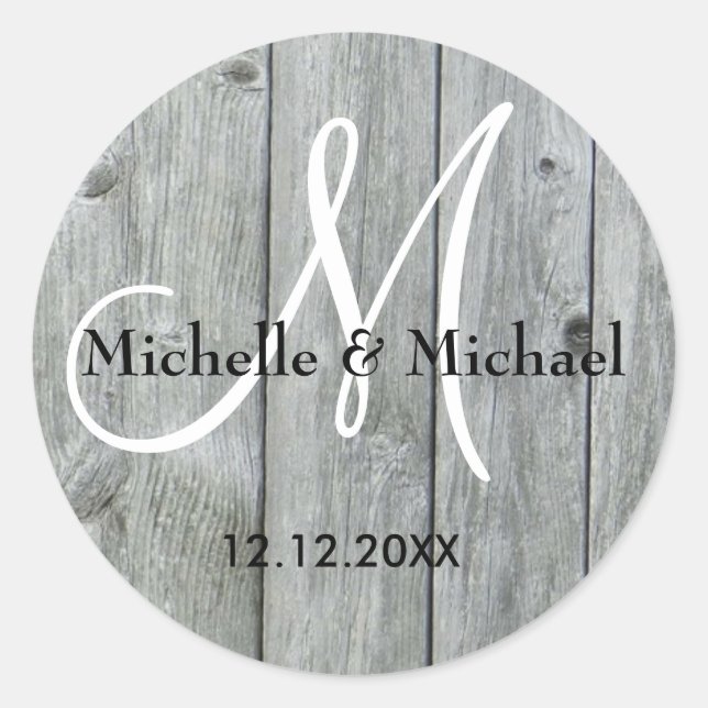 Rustic Grey Wood Bride And Groom Monogram Classic Round Sticker (Front)