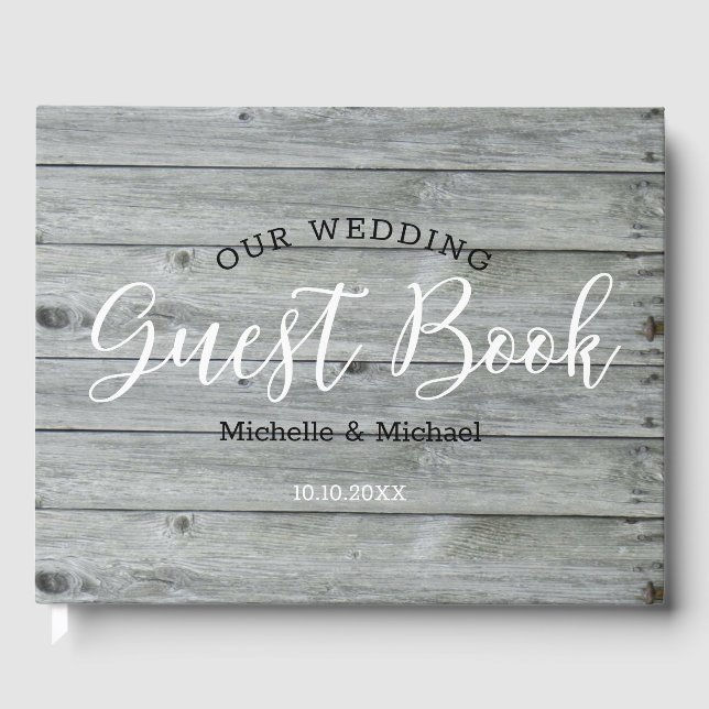 Rustic Grey Wood Country Wedding Guest Book (Front)