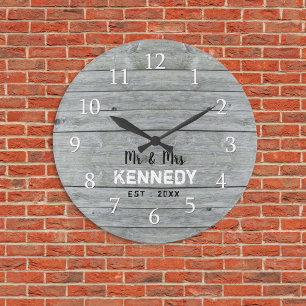 Rustic Grey Wood Couple Name Wedding Anniversary Large Clock
