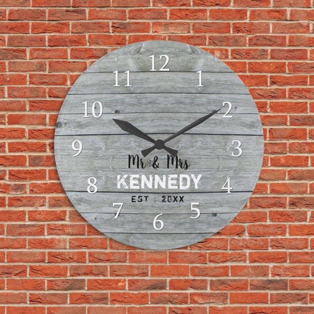 Rustic Grey Wood Couple Name Wedding Anniversary  Large Clock (Rustic Gray Wood Couple Name Wedding Anniversary Large Clock)