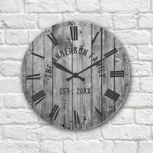 Rustic Grey Wood Custom Family Name Farmhouse Round Clock