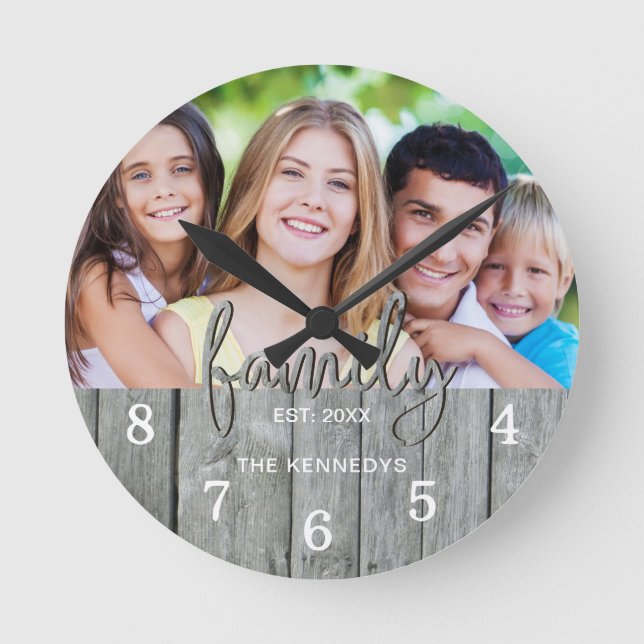 Rustic Grey Wood Family Typography Photo   Round Clock (Front)