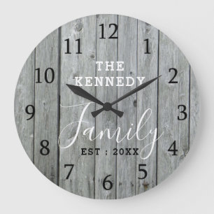 Rustic Grey Wood Farmhouse Family Name Large Clock