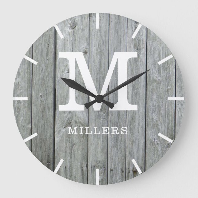 Rustic Grey Wood Farmhouse Monogram Name Large Clock (Front)