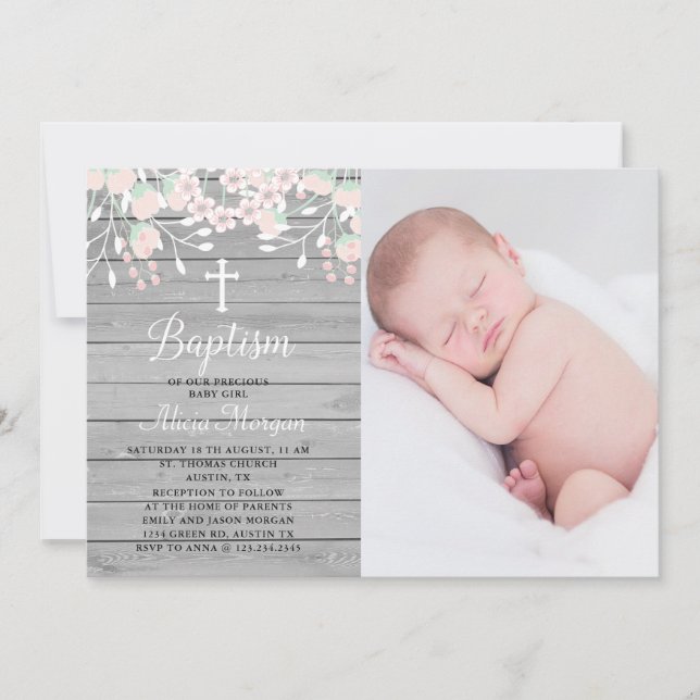 Rustic grey wood floral baptism invitation (Front)
