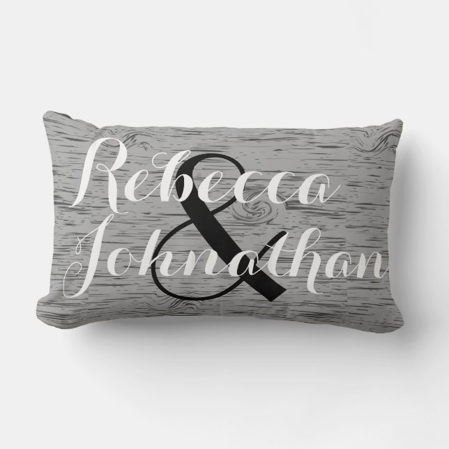 Rustic Grey Wood Grain Monogram Wedding Lumbar Cushion (Front)
